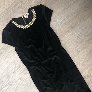 Black Velvet Dress with Gemstone Neckline